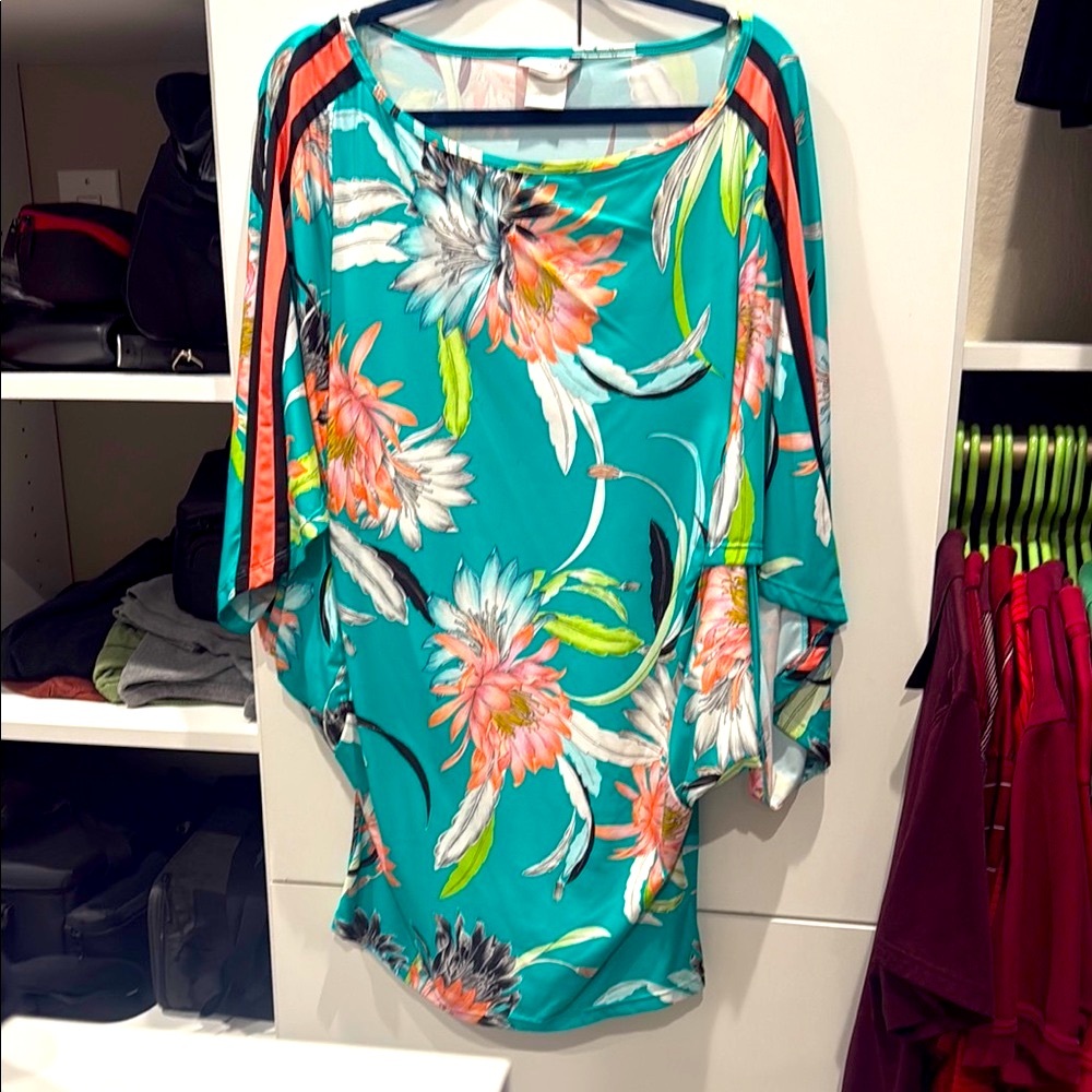 Trina Turk Blue Green Asymmetrical 3/4 Sleeve Swim Coverup size Large